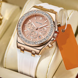 PINTIME Woman Watch Casuals Diamond Bezel Fashion Quartz Wristwatch Sports Silicone Strap Waterproof 3br Calendar Clock Reloj