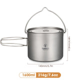 TOMSHOO Titanium 750ml/900ml/1100ml/1600ml/2000ml/2800ml Ultralight Hanging Pot with Lid and Foldable Handle Outdoor Cooking