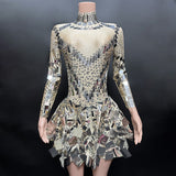 Novas New Shiny Sequins Outgoing Party Elegant Slim Fit Long Sleeve Short Mini Dress