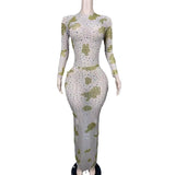 Sexy and shiny rhinestone with printed pattern, women's evening dress, fishtail long dress