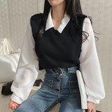 Patchwork Long Sleeve Loose Contrast Color And Versatile Top