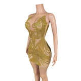 Host's temperament formal with waist cinched suspender for slimming effect, mesh perspective full diamond sexy zipper dress