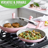 Sandstone Healthy Ceramic Nonstick, 15 Piece Kitchen Cookware Pots And Frying Sauce Pans Set, PFAS- Free, Dishwasher Safe, Pink