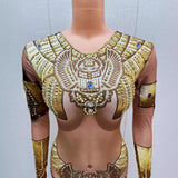 Nightclub Bar Egyptian Printed Hot Diamond False Exposed Meat Long sleeved jumpsuit Tight and Sexy Perspective Female Singer Dress