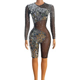 Sexy street long sleeved jumpsuit with sequin rhinestone print design for a tight fitting new look