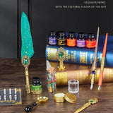 Antique Feather Retro Wooden Dip Pen Set Classic Wax Seal Stamp Kit for Calligraphy Art Words Gifts