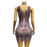 Female singer stage name ethnic style dress distinctive sapphire blue sparkling diamond pattern, tight fitting and sexy short skirt with buttocks