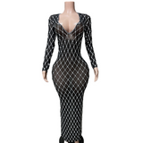 Temperament Female Singer Stage Dress Green Grid Deep V-Neck Sexy Wrapped Hip Tight Long Sleeves