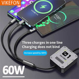 3 in 1 Multi Retractable USB Phone 60w Fast Charging and Data Cable for Lighing/Android/Type-C Devices