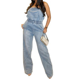 Stitched Backless Pocket Washing Water European And American Denim Jumpsuit