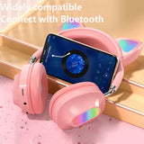 Wireless Headphones Cat Ear with Mic Bluetooth 5.0 Glow Light Headset Stereo Bass for Children Girl PC Phone Gaming Headsets