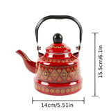 1pc 1.1L Enamel Hot Water Kettle Household Enamel Geometric Print Memory Flower Target Ancient Clock Kettle