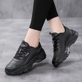 2025 plus size new casual black leather, comfortable sports shoes, waterproof, height increasing, thick soled, non slip women's shoes