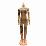 Nightclub Bar Egyptian Printed Hot Diamond False Exposed Meat Long sleeved jumpsuit Tight and Sexy Perspective Female Singer Dress