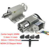 Center Height 65MM 4 Tailstock 4th A Rotary Axis 3/4-jaw 80mm 100mm Chuck CNC Inde Head NEMA 23 57 Stepper Motor