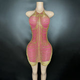 Hanging Neck Sexy Open Back Gift Dress Deep Pink Age Reducing Short Wrapped Hip Skirt Gold Tassel Design