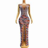 Fashionable ethnic style colorful floral long sexy front slit slim fit company banquet evening dress
