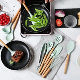 12PCS Silicone Kitchenware Non-Stick Cookware Kitchen Utensils Spatula Shovel Egg Beaters Wooden Handle Cooking Tool Set