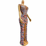 Fashionable ethnic style colorful floral long sexy front slit slim fit company banquet evening dress