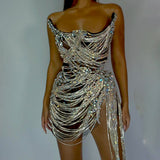2024 Black Fashion Sexy Slim Fit Bag Hip Mini Short Silver Tassel Dance Stage Performance Dress
