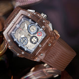 PINTIME Sport Men Watch Hollow Dial Brown Quartz Wristwatches Silicone Strap Waterproof Calendar Watches Luxury Top Brand Reloj