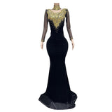 2024 Elegant Female Hostess Singer Stage Long Slim Fit Gold Full Diamond Luxury Crowd Dress