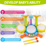 Kids Drum Set Musical Toys With 2 Drum Sticks Microphone Instruments Piano Light Up