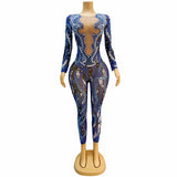 New Fashion jumpsuit with long sleeves, sexy print, perspective hollowed out stage hosting and performance dress