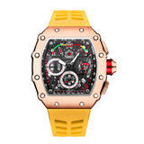 PINTIME Watch for Men Tonneau Case Fashion Quartz Wristwatch Waterproof 3Bar Silicone Strap Openwork Dial Clock Luminous Reloj