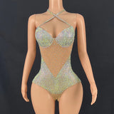 Hanging neck, sexy suspender, bikini color patchwork design, dazzling color, full diamond, super flash, girl group show and commercial dress