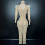 Water Diamond Super Sparkling Temperament Standing Shoulder Luxury Celebrity Wrapped Hip Sexy Banquet Party Evening Dress