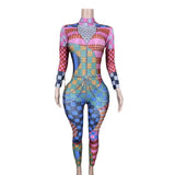 Colorful splicing, personalized street style, fashionable sexy jumpsuit, long sleeved and tight fitting