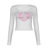 Cotton Knitted Cute Rabbit Printed Lace Stitching Square Neck T-shirt Slim Knit Bottoming Shirt Top