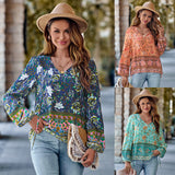 Cross Border Printed V-neck Loose Long Sleeve Top Women