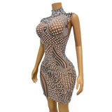 Novas New Hot Selling Elegant Dress with Meat Color Sexy Perspective Fine Sparkling Water Diamond Patched Pattern