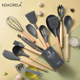 14pcs Silicone Utensil Set - Non-Stick Cooking Utensils With Wooden Handle & Storage Bucket