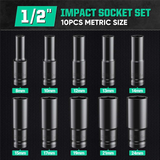 Deep Impact Set,12Pcs 1/2 inch Sets 8-24mm and Storage Box with Driver Socket Extensions For Automotive