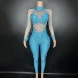 Nightclub bar party sexy red perspective mesh diamond tight jumpsuit for women's performance