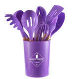 12PCS Silicone Kitchenware Non-Stick Cookware Kitchen Utensils Spatula Shovel Egg Beaters Wooden Handle Cooking Tool Set