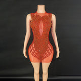 Internet famous red temperament short skirt with fine glitter and small diamonds, sexy buttocks, slim appearance without sleeves