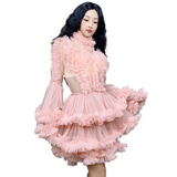 Pink Mesh Bubble Sleeves Princess Evening Party Dress Girl Cute Daily Short Skirt
