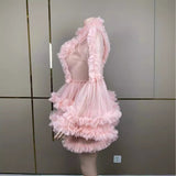 Pink Mesh Bubble Sleeves Princess Evening Party Dress Girl Cute Daily Short Skirt