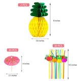 Hawaii Tropical Party Set Straw Table Skirt, Hibiscus Flower, Palm Leaf, Paper Pineapple Decoration