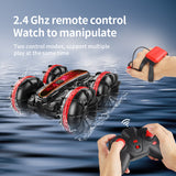 Double sided amphibious rolling and rotating remote control stunt beach toy