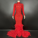 Direct sales of authentic temperament red carpet dresses, fashionable long dresses with trailing feathers for slimming effect