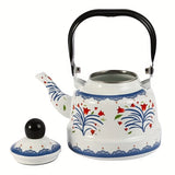 1pc 1.1L Enamel Hot Kettle, Household Enamel Geometric Printed Flower Green Dot Flower Ancient Bell Kettle Boiling Kettle