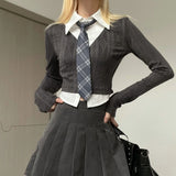 Color Contrast Short Fashion Long Sleeve Girls' College Style Fake Two-piece Tie Shirt