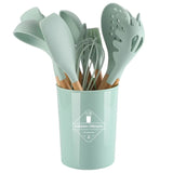 12PCS Silicone Kitchenware Non-Stick Cookware Kitchen Utensils Spatula Shovel Egg Beaters Wooden Handle Cooking Tool Set