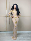 Sexy and shiny rhinestone with printed pattern, women's evening dress, fishtail long dress