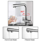 360° Swivel Hot and Cold Drinking Water Tap Double Outlet Mixer Taps Brass 3 Way Kitchen Filtered Faucet With Dual Handle
